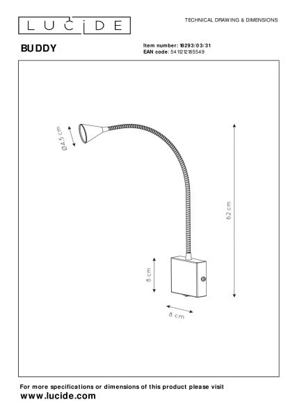 Lucide BUDDY - Bettlampe / Wandleuchte - LED - 1x4W 4000K - Weiß - TECHNISCH